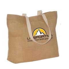 A natural colour jute tote bag made from eco-friendly material. The front has a black, yellow and white custom printed logo.