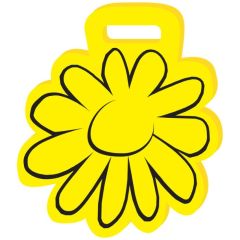 A yellow coloured 15.5" flower shaped weatherproof foam cushion with a black flower outline on the front