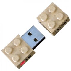 A custom building block shaped USB drive made from high density paper with a red, black and white logo on the side.