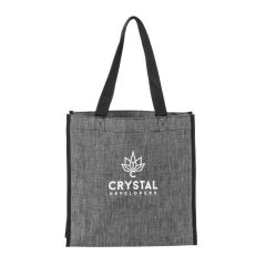 A custom printed polyester tote bag with a heathered finish. The bag is grey with black trim and a white logo.