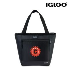 A black Igloo Reprieve cooler bag custom printed with a red, black and white logo on the front.