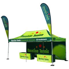 Custom 10x20ft polyester tent package with two event table cloth covers, a full back wall and two promotional wo tear drop flags
