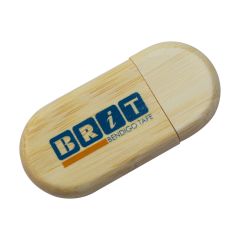 A custom branded wooden eco-friendly USB drive with rounded edges. The body has a blue and orange print on the front.