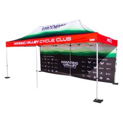 Custom printed 10x20ft event tent with full back wall and custom canopy design.