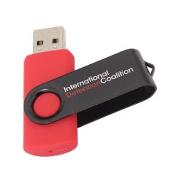 A custom branded USB swivel drive that has a red body and black swivel with a red and white logo printed on it.