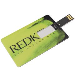 A custom printed USB business card with a black and lime green front and black text. The USB chip is in the open position.