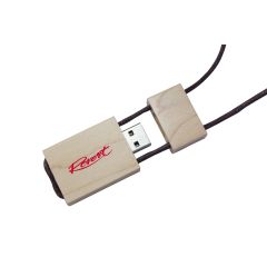 A custom printed wooden USB drive necklace with a black cord. The logo on the USB is branded in red.