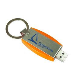 A custom logo metal USB slide drive with a split ring attachment. The body is orange and silver with a blue logo.