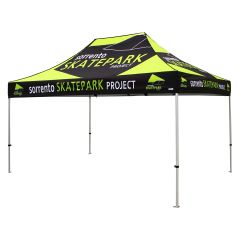 Custom printed 10x15ft event tent made from polyester with a metal frame and full colour canopy customization.