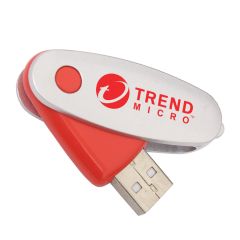 A custom logo curve USB swivel drive with a red body and silver swivel. A red logo is printed on the front.
