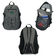 Three different angled images of grey and laptop backpack with black accents