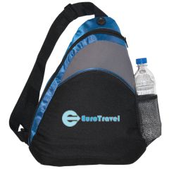 black and royal blue with grey accent sling knapsack and blue logo