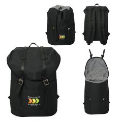 Four images of black laptop backpack showing different angles with full colour logo