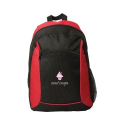 red and black backpack with light pink logo