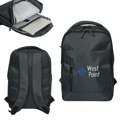 Three images of black laptop backpack with full colour logo