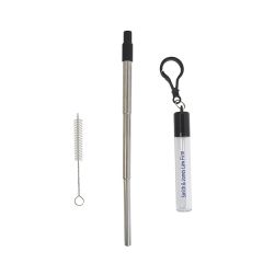 A reusable straw cleaner brush next to a stainless steel telescopic straw with a black tip. Beside this there is a case for the two items that is clear and black with a blue logo on the front and a black clip on the top