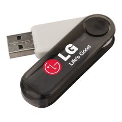 A custom printed USB swivel drive with white and red print. The body is solid white with a transparent black swivel.