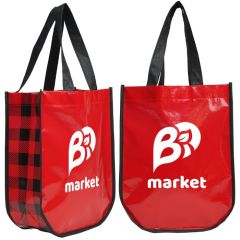 Two custom logo Lumberjack Plaid Fashion Totes. The bags are red and black with white print.