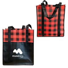 A custom branded Lumberjack Laminated Tote bag with a printed logo. The bag is red and black and the print is white.