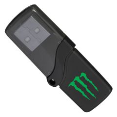 A custom printed compact plastic USB swarve drive with a black body and a bright green logo.