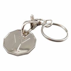 shiny silver coloured loonie shaped moulded and polished shopping cart token with trigger clip and split ring