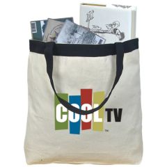 A customized cotton tote bag with black trim. The front has a multiple colour logo and the bag is filled with books.