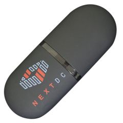 A custom logo plastic USB thumb drive shaped like a pill. The body is black with a red and grey logo.