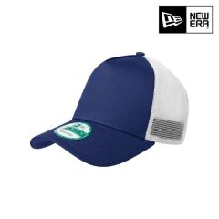 A royal blue and white trucker style snapback cap with a solid blue front panel and brim with a sticker on and white mesh panels for the rest of the hat