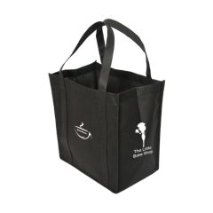 A custom logo non woven tote that is black with white print.