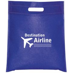 A custom branded non woven cut handle tote. The tradeshow bag is royal blue with a white logo.