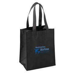 A black mid-size non woven tote custom printed with a blue logo.