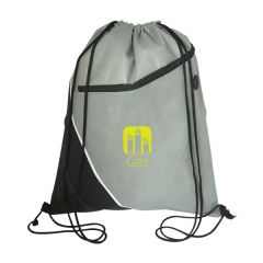 grey and black drawstring bag with yellow logo