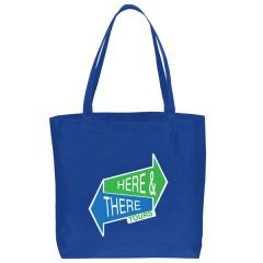 A custom logo non woven tote bag that is royal blue. The front has white, green and blue print.