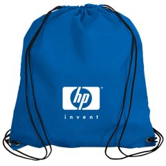 A royal blue non woven drawstring backpack with a white logo