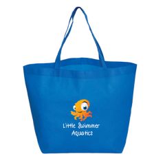 A custom logo oversize tote made from non woven material. The bag is blue with full colour print.