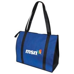 A custom logo oversized convention tote. The bag is royal blue and black with a full colour print on the front side.