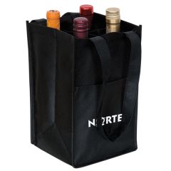 An angled view of a black non woven wine bag with four bottles inside and a white logo