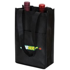 An angled view of a black non woven two bottle wine bag with two bottles inside and a full colour logo