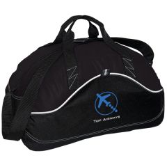 black 18 inch sports bag with blue and white logo