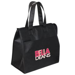 A custom logo non woven insulated grocery tote. The bag is black with a pink and white custom print.