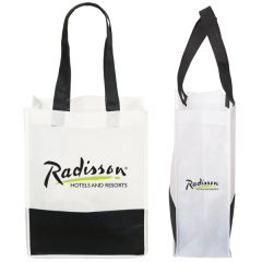 Two custom logo non woven mini stripe totes. The bag are white with a black stripe, and a black and yellow print.