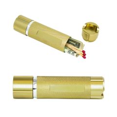 Two gold coloured stashlights one at the front that's horizontal and closed and one behind at an angle, unscrewed with the cap beside it and inside the body there are matches and money