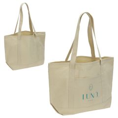A custom logo recycled cotton tote that has a green brand message printed on the front.