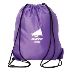 purple drawstring bag with black drawstrings and white logo