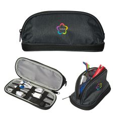black tech organizer images with one zipped showing full colour logo one open to show contents and grey interior and one half unzipped