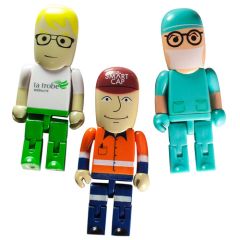 Three custom logo USB figure shaped drives. A doctor, a student and a construction worker with business print on.