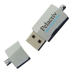 A custom printed metal micro USB with a cube shape. The branded logo is black and light blue.