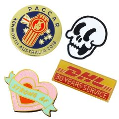 four different shaped hard enamel lapel pins with different colour fills in each