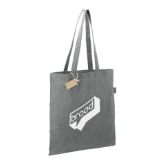 A custom branded recycled cotton and polyester tote with a white printed logo.