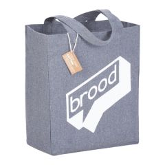 A custom cotton grocery tote made from recycled material. The front has a white printed logo.